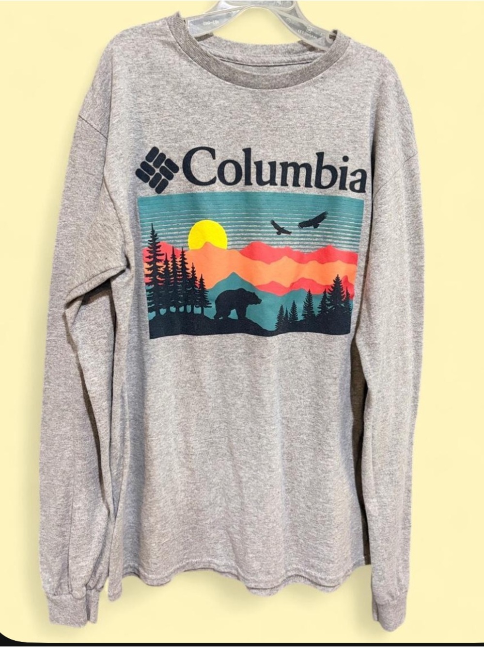 Men’s Columbia Long Sleeve Graphic Tee - Gray with Sunset Graphic size small